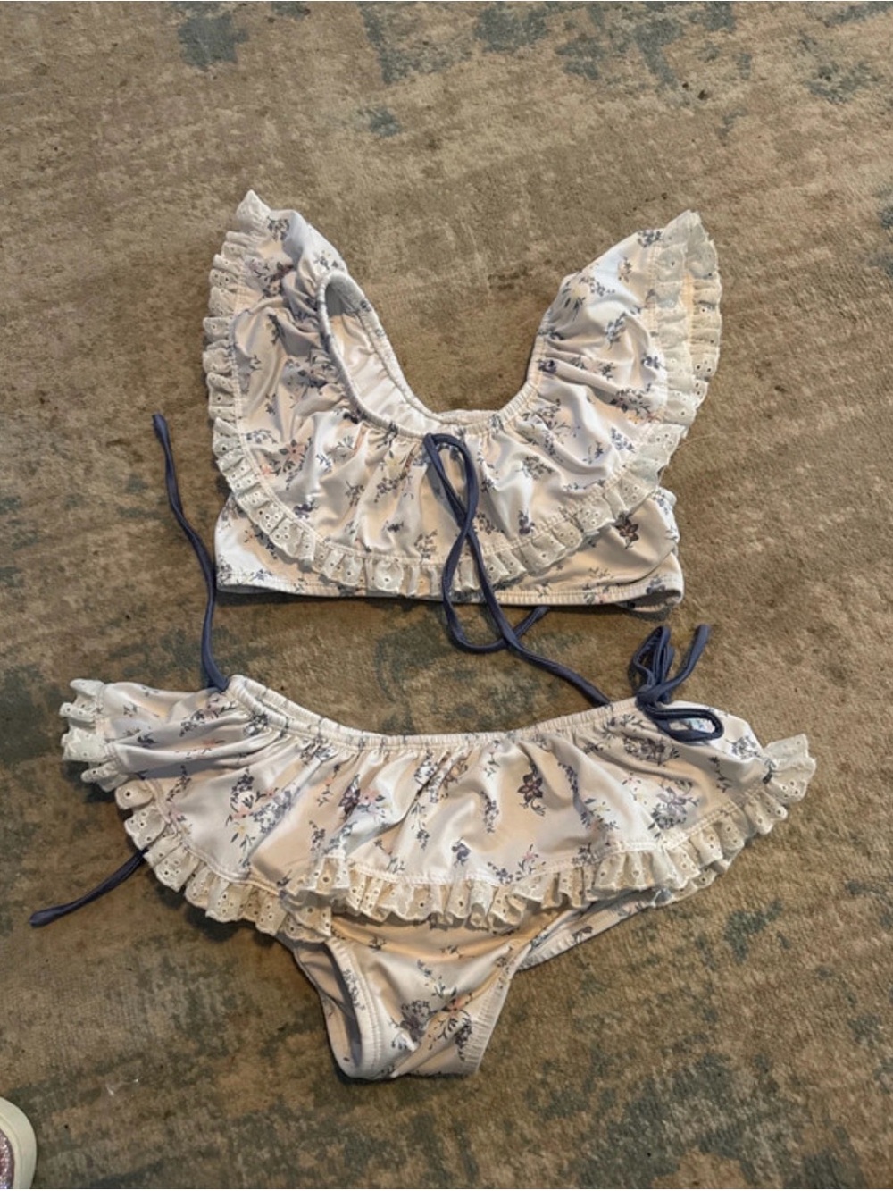 Girls Floral Ruffle Bikini Set - White and Blue